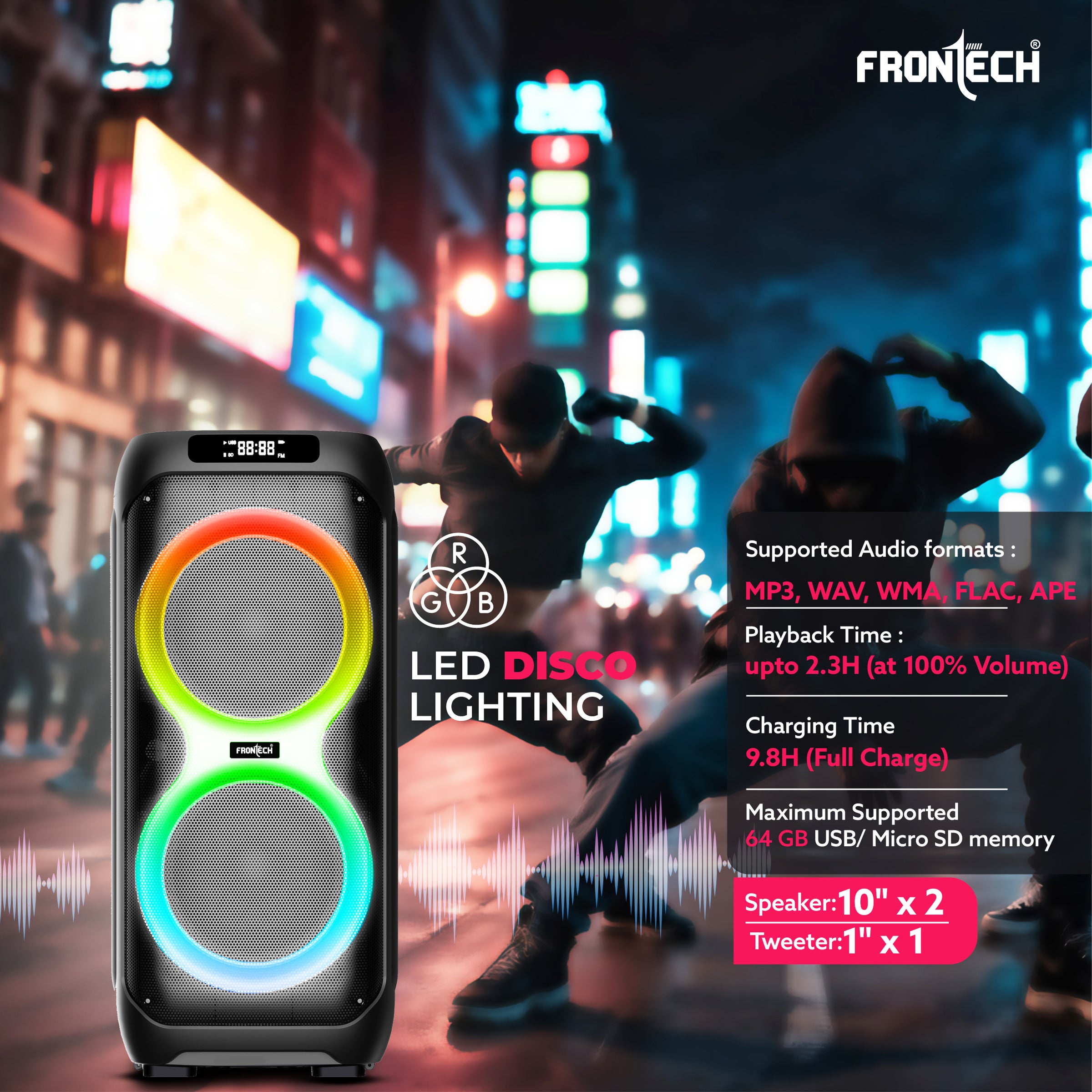 FRONTECH Smash PRO-95P Multimedia Bluetooth Speaker | 150W Output | RGB Lights | Wireless Mic & Karaoke | Dual 10 FRONTECH Smash PRO-95P Multimedia Bluetooth Speaker | 150W Output | RGB Lights | Wireless Mic & Karaoke | Dual 10